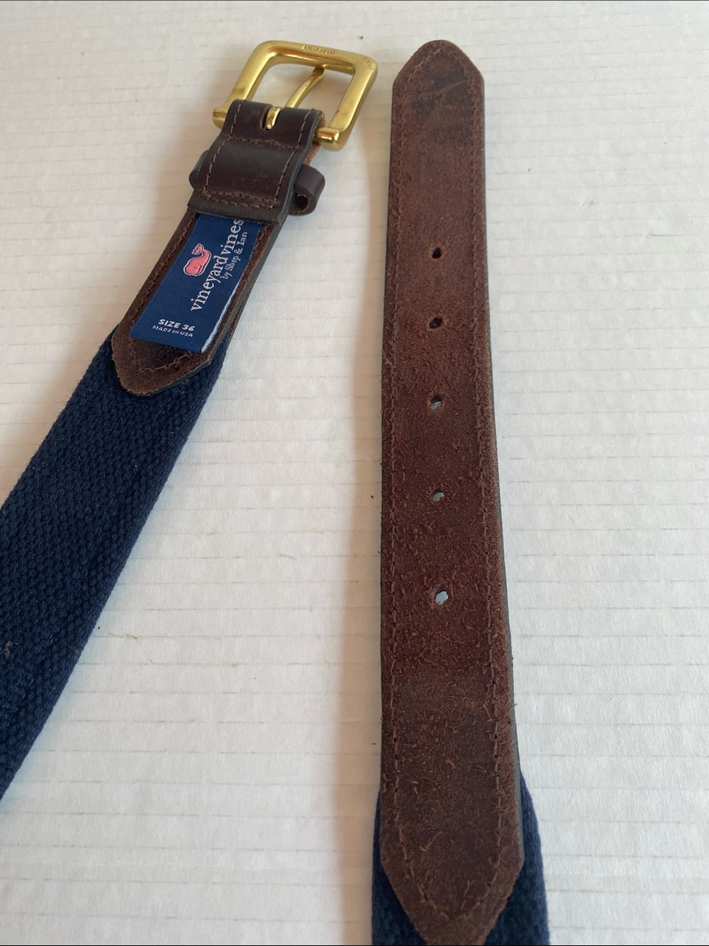 Vineyard Vines Leather with Blue Canvas and fabric Star Pennant Belt Size 36 - Picture 7 of 8
